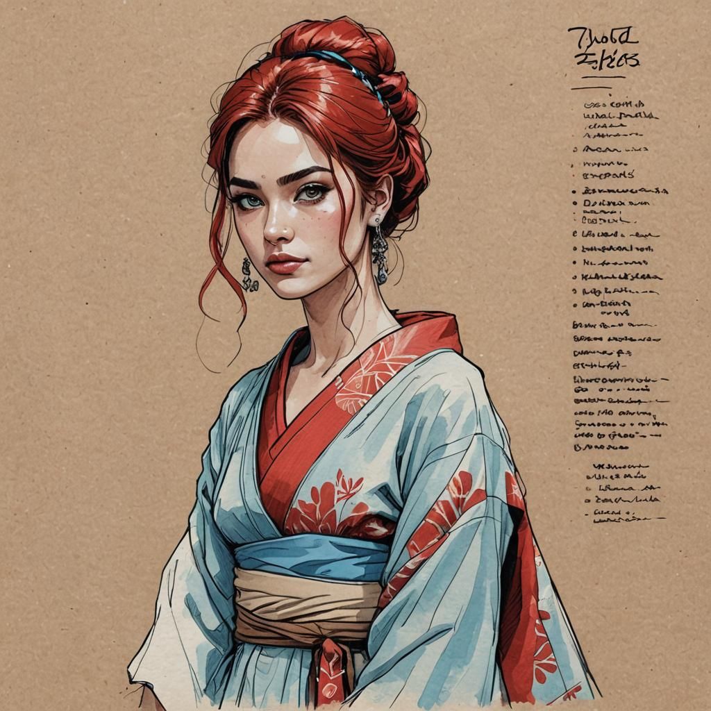 Goddess in Kimono: Rustic Sketchbook Character Sheet