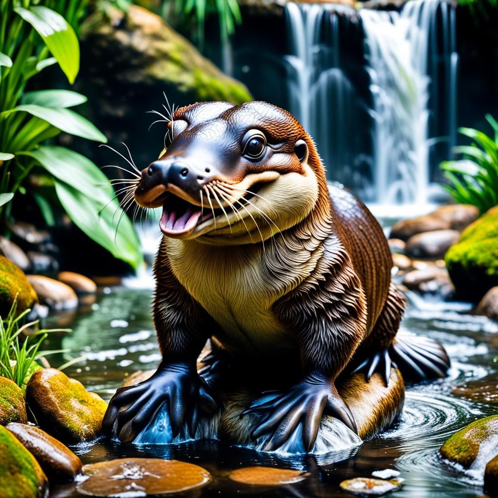 Playful Platypus at a Waterfall Garden