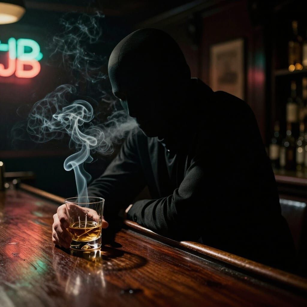 Shadowy Figure at Dimly Lit Bar in Film Noir Style