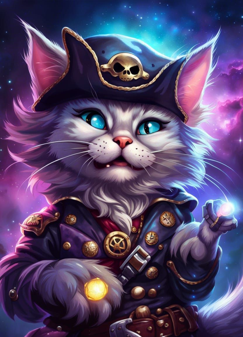 Laughing Pirate Kitten with Laser Pistol in Anime Style