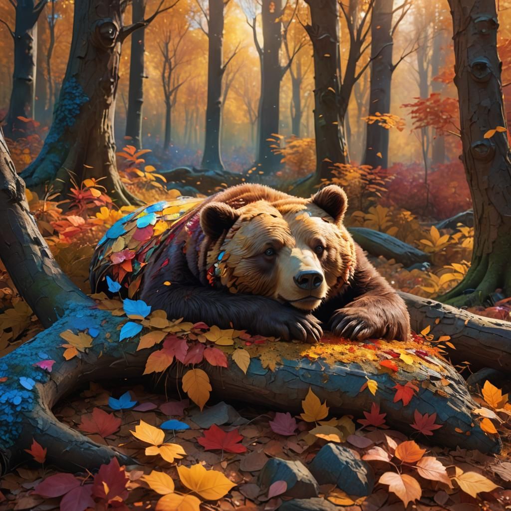 Bear Sleeping in Autumn Forest: Fantasy Concept Art