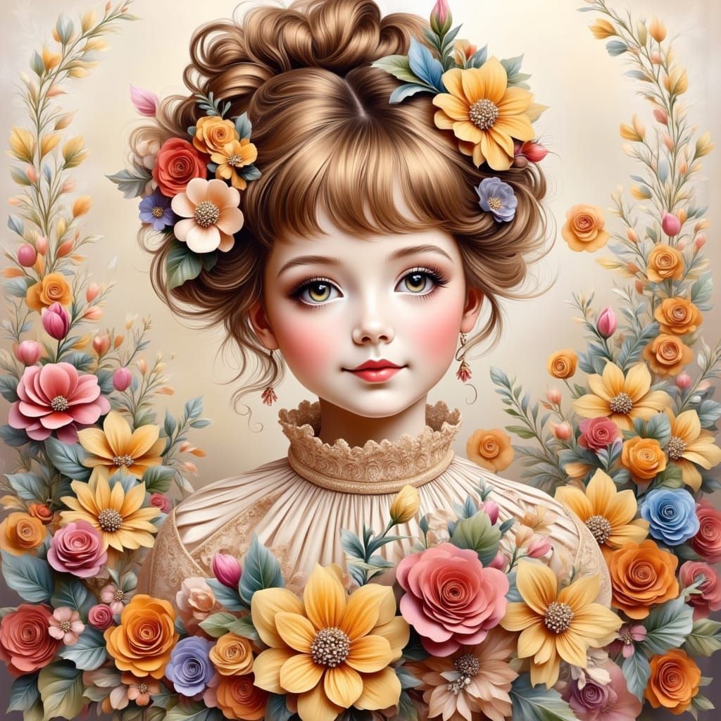 Cute Girl with Button Flowers in Ruffed Dress