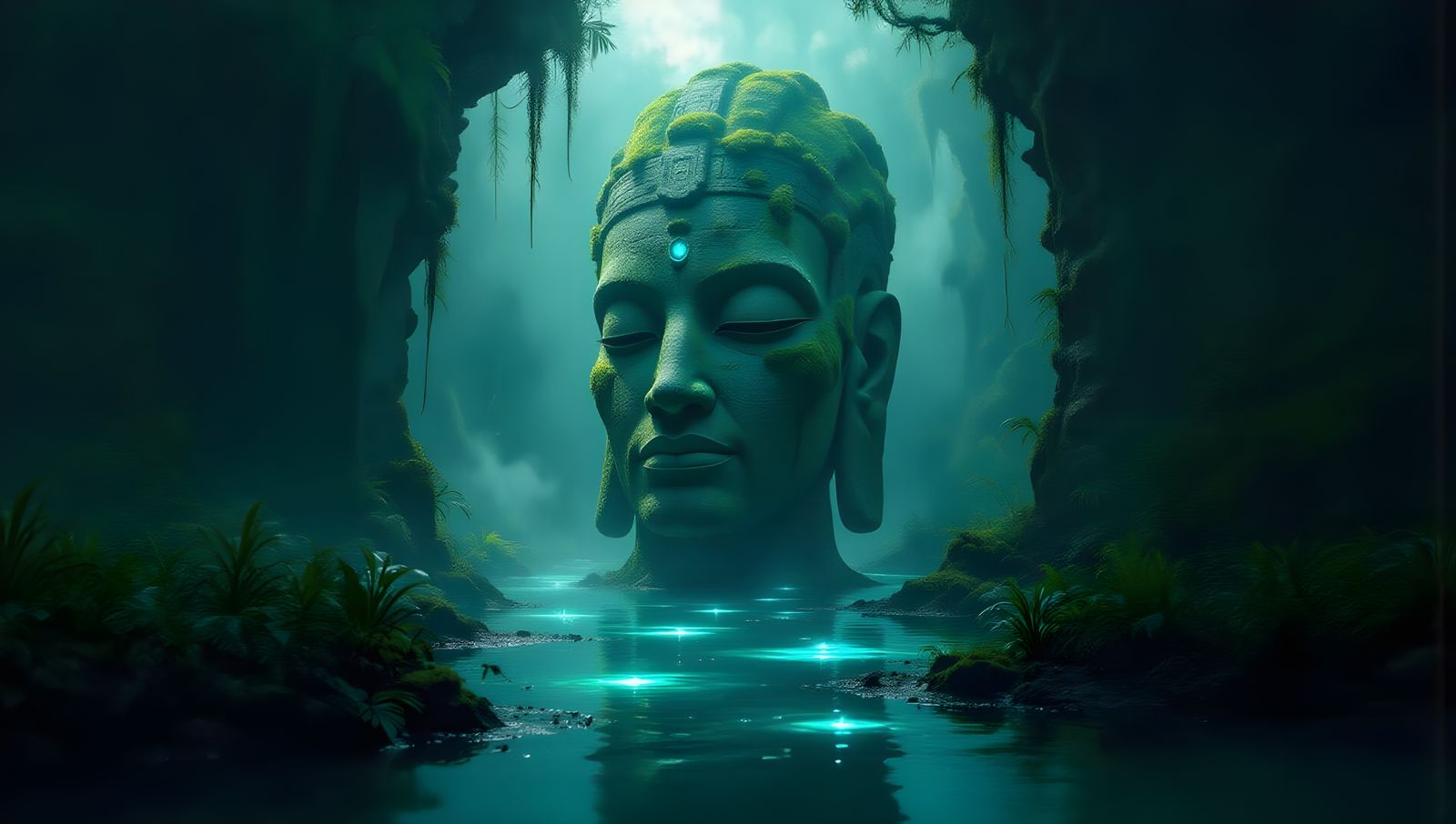 Alien Statue in Bioluminescent Swamp on Distant Exoplanet