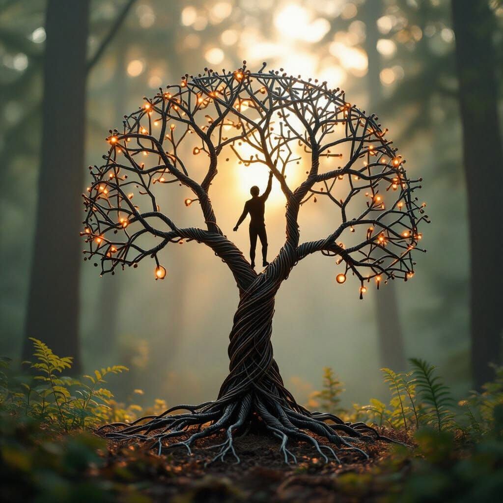 Metal Wire Tree with Human Silhouette in Forest Light