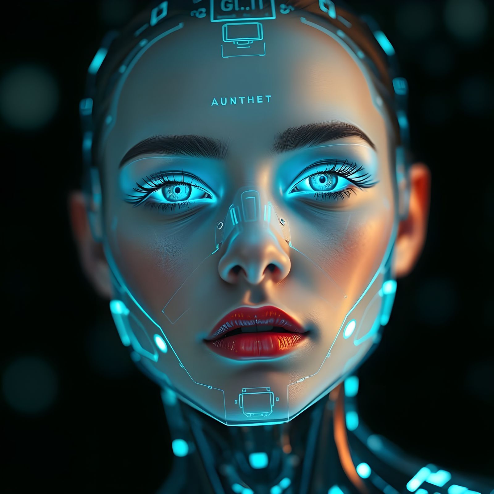 Glowing Android Woman in Dark Space