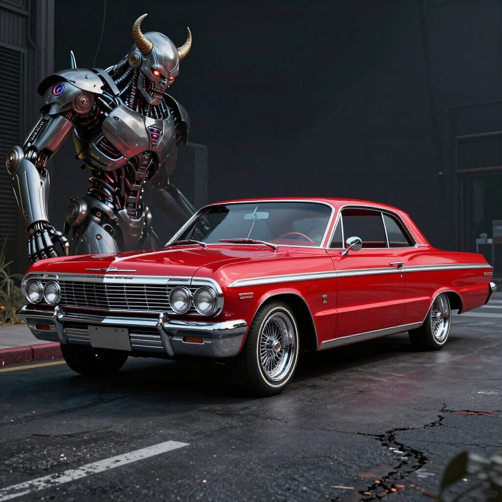 Cybernetic Demon Hood Ornament on Candy Apple Red Lowrider