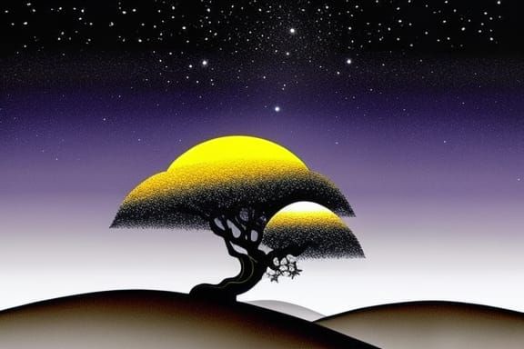 Glowing Bonsai Tree in Desert Ink Illustration