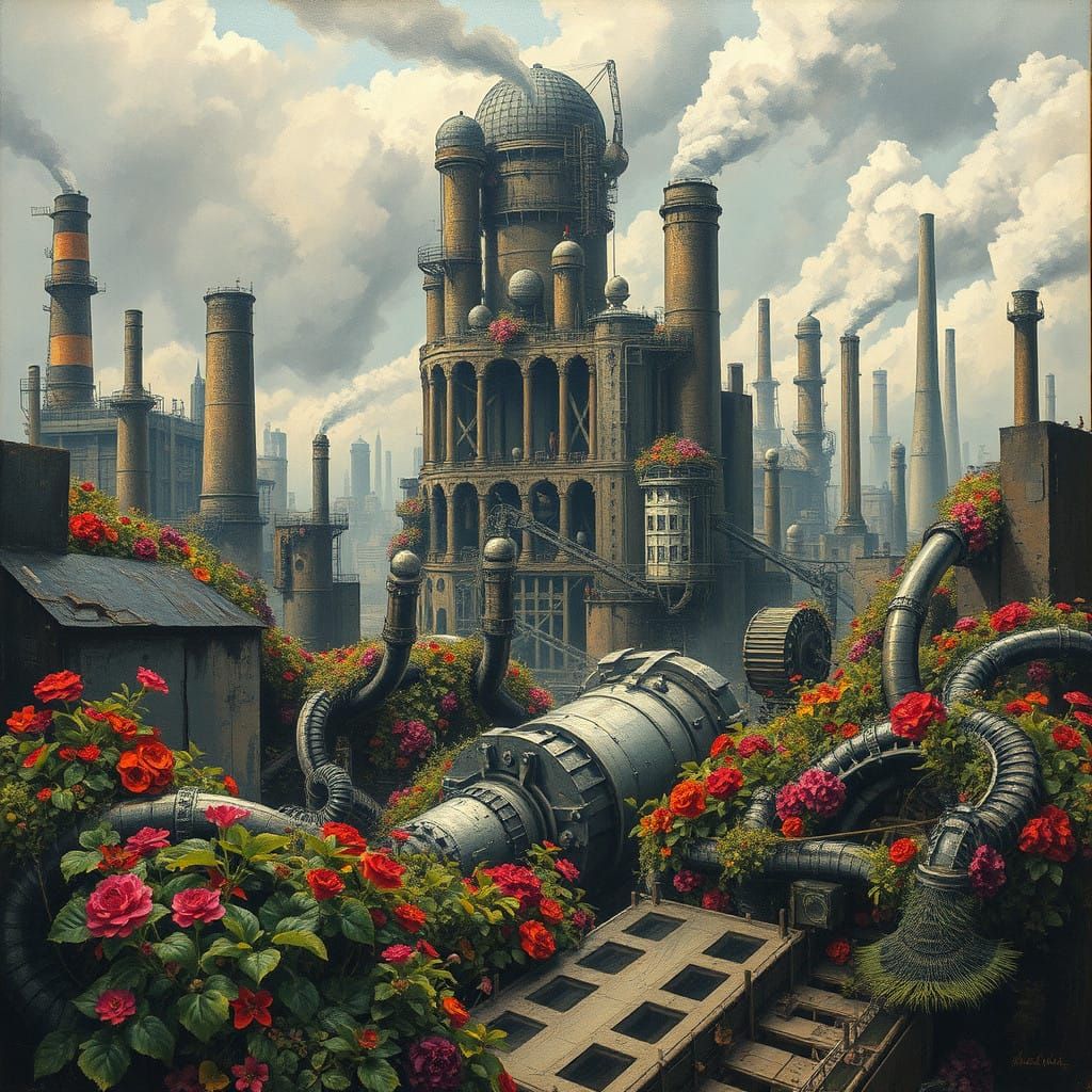 Dark Surreal Cityscape with Twisted Machinery and Vibrant Fl...