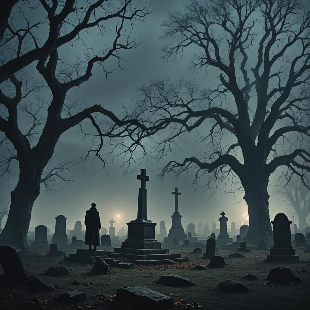 Eerie Graveyard Scene at Night with Twisted Trees