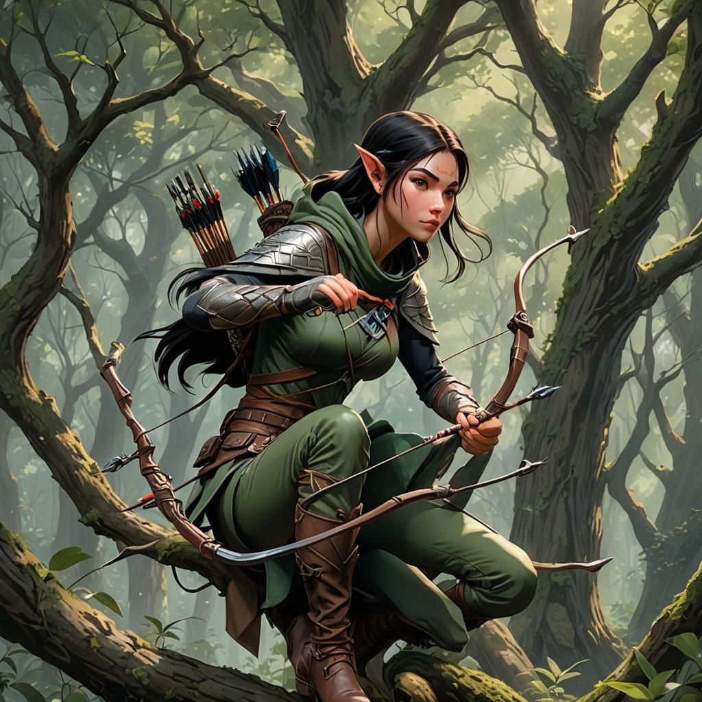 Elven Huntress in Forest Canopy, Anime Key Visual