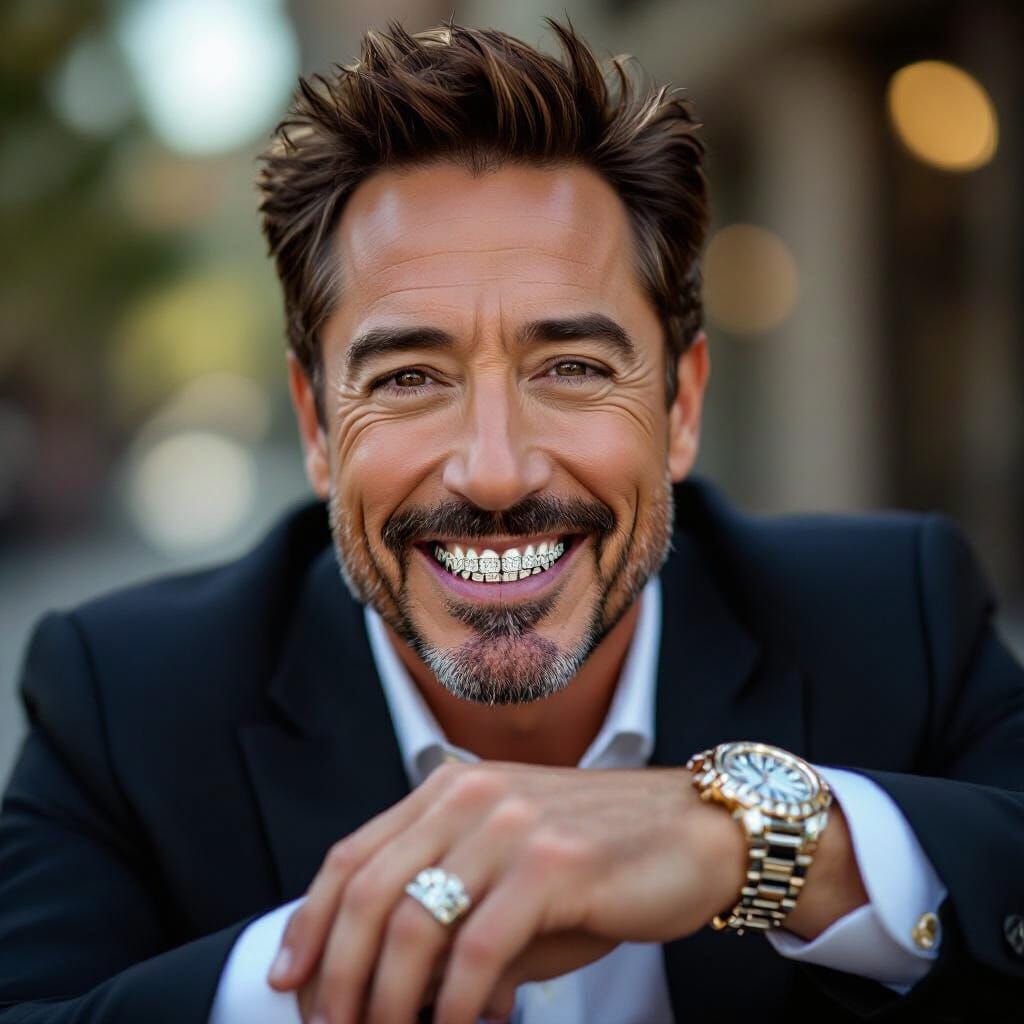 Tony Stark Smiles Confidently with Diamond Grillz and Watch