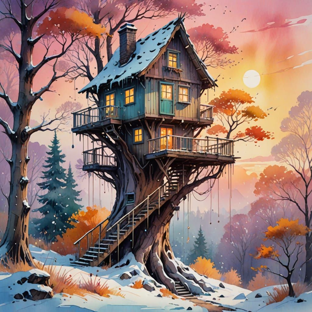 Ethereal Snow Treehouse Amidst Vibrant Autumn Hues