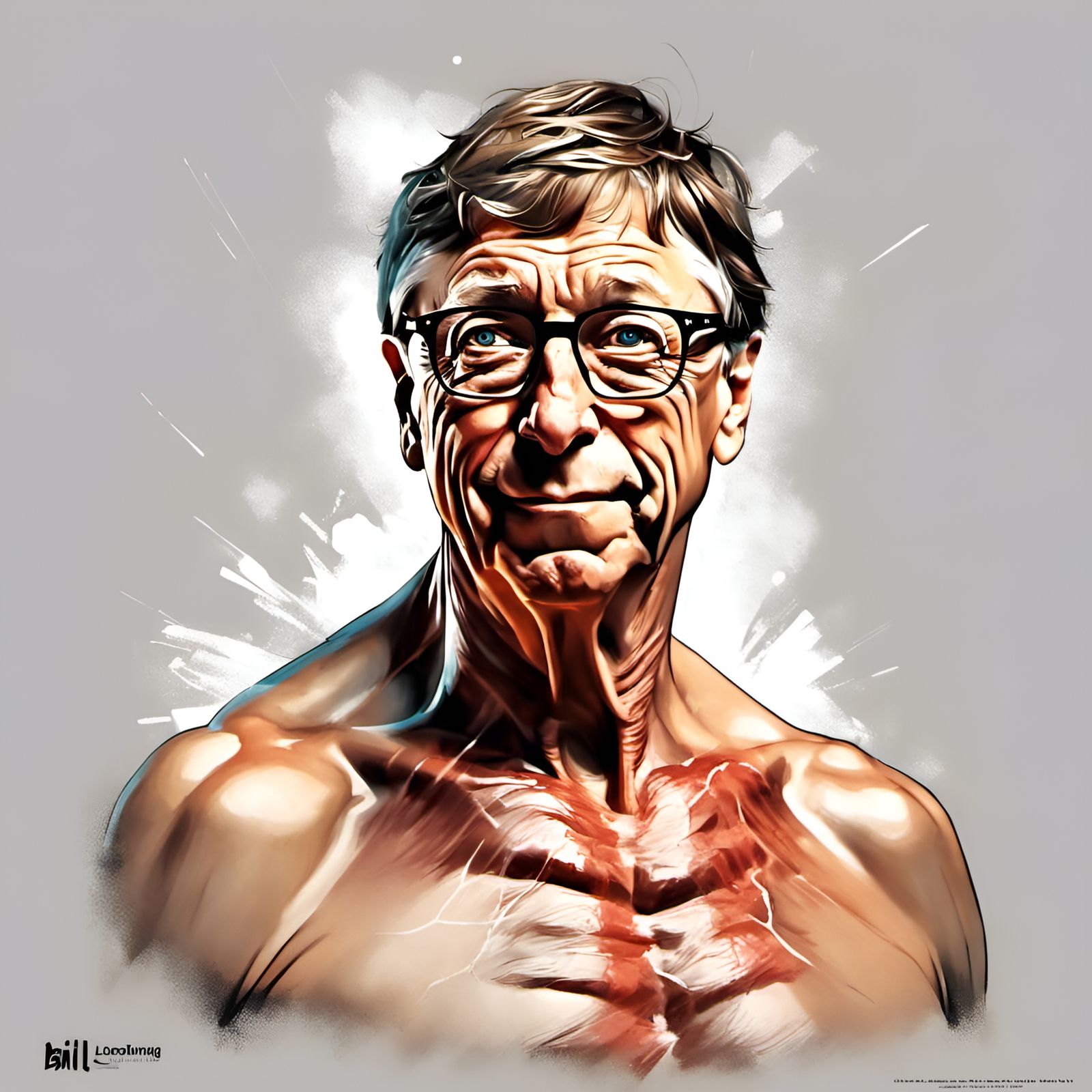 Muscular Bill Gates Portrait, Digital Illustration