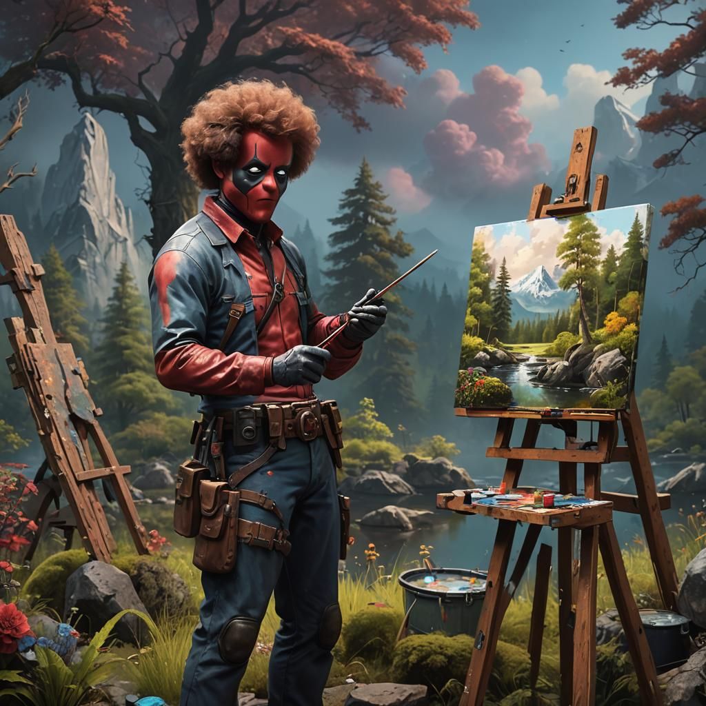 Deadpool as Bob Ross: Detailed Matte Painting