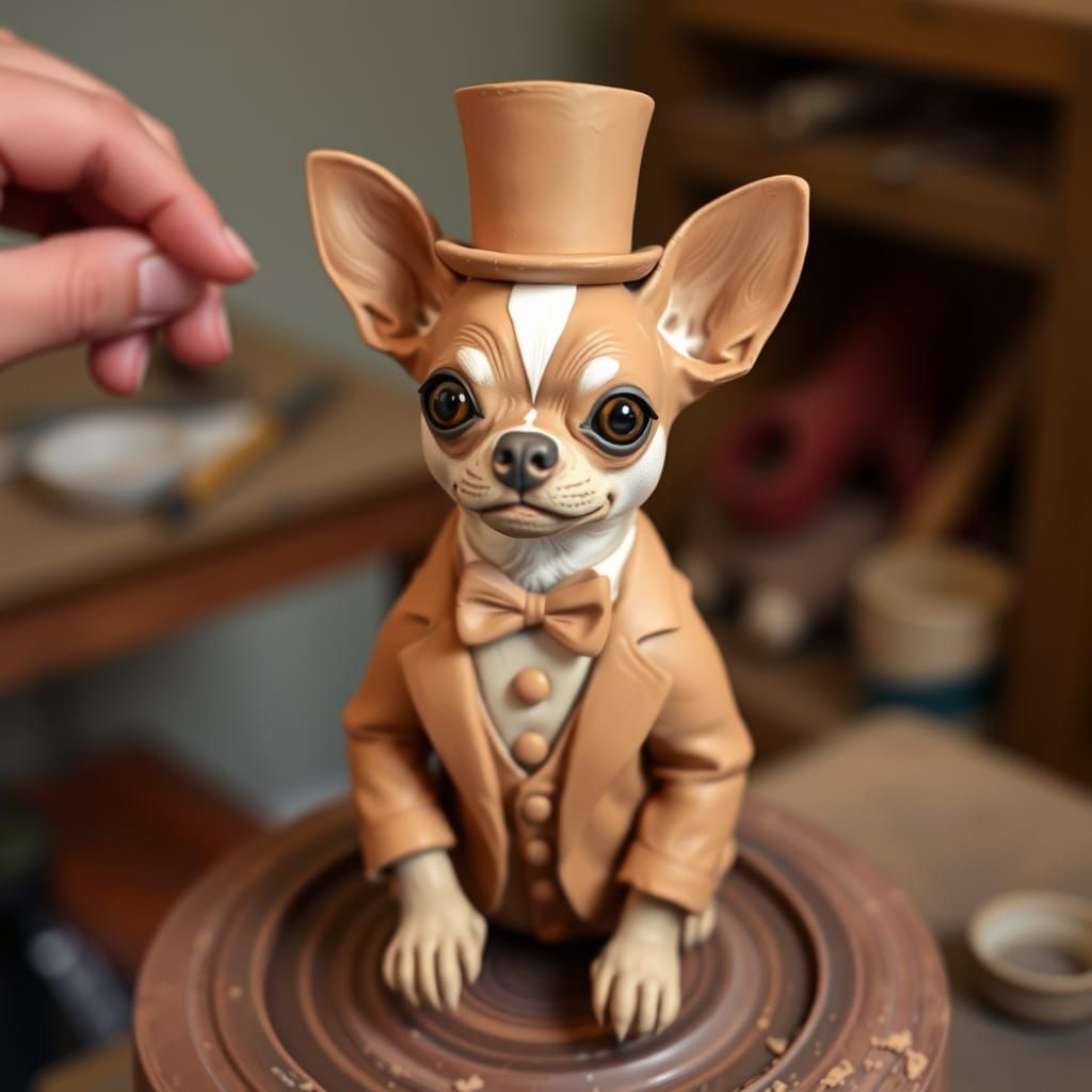 Clay Chihuahua in Tuxedo, Hand Carved Sculpture
