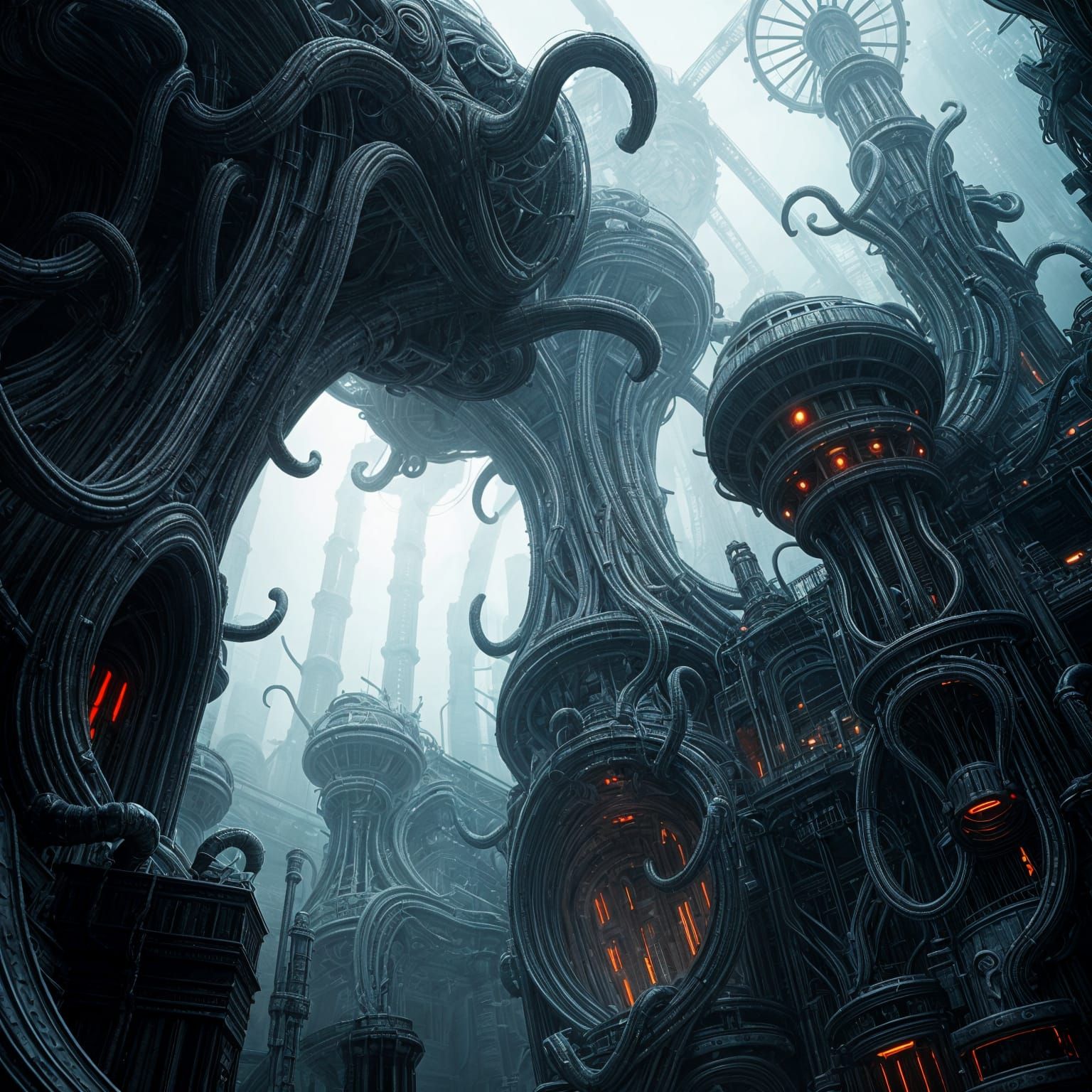 Biomechanical Metropolis in Dark Fantasy Style
