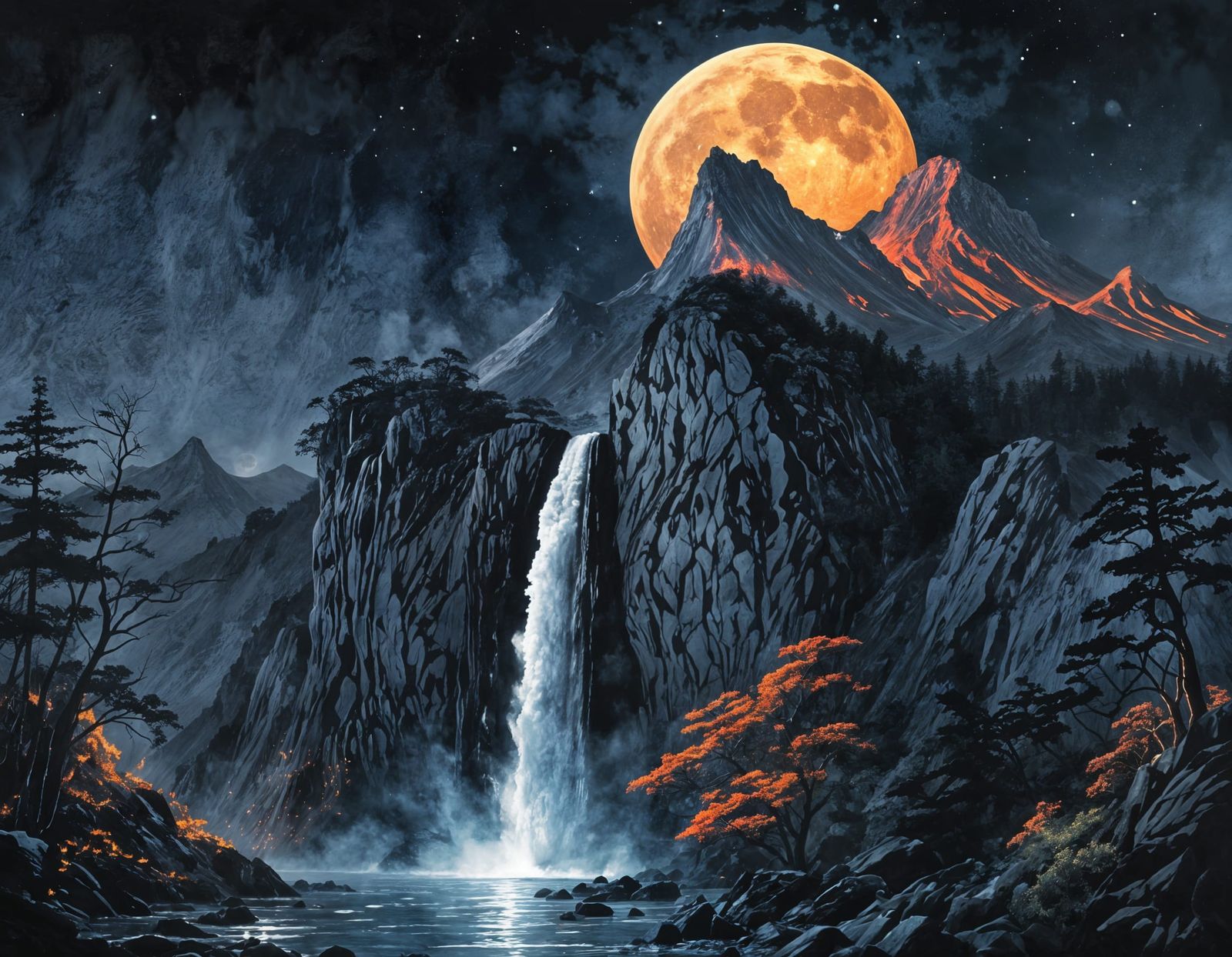 Volcanic Moonrise Over Mountain Waterfall in Inky Style