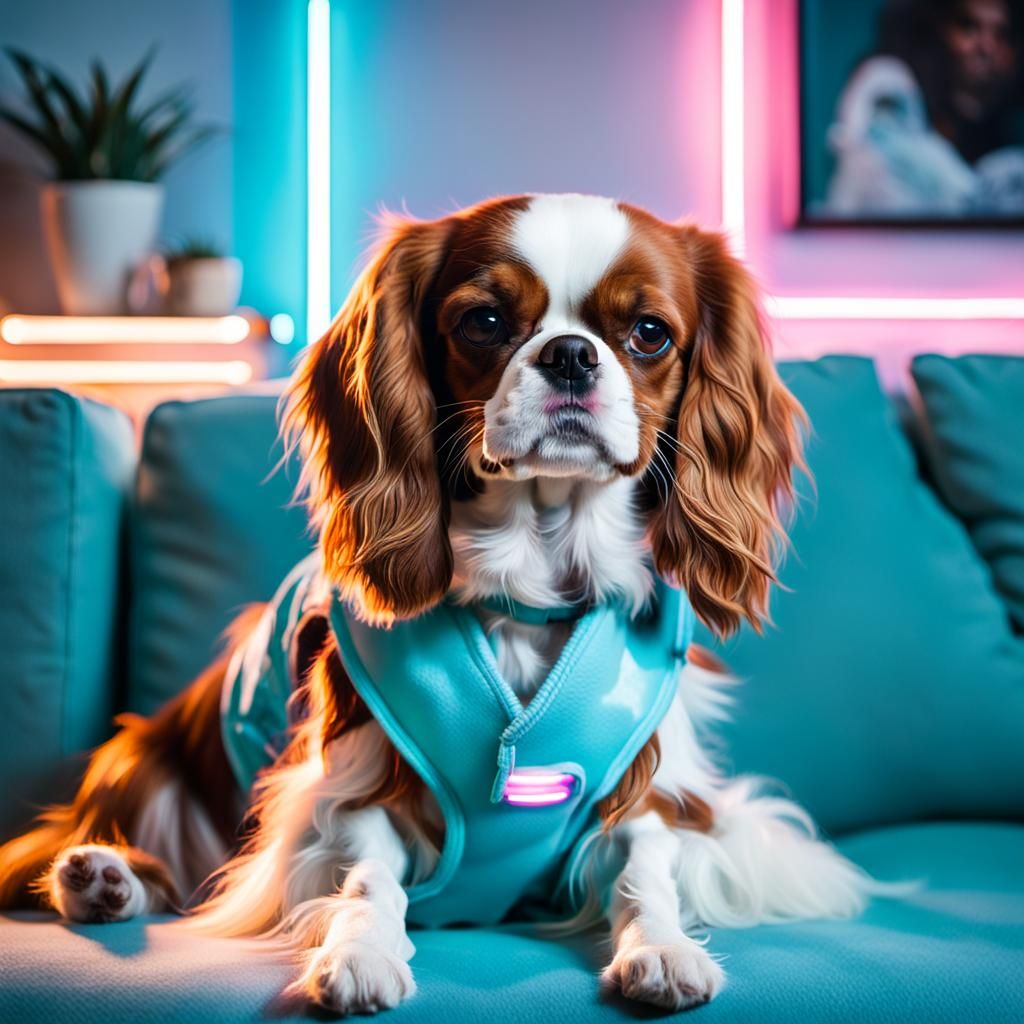Synthwave Cavalier King Charles Spaniel in Neon Room