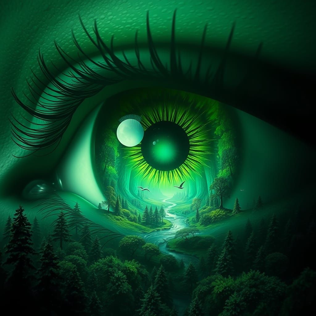 A giant green eye contains an entire miniature forest.