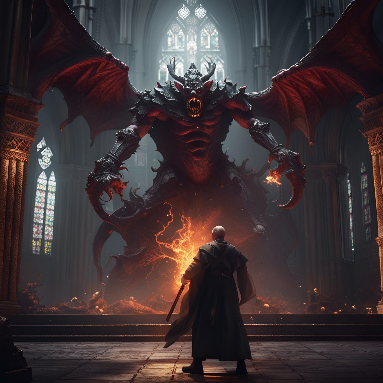Priest Battles Demon in Cathedral: Detailed Matte Painting