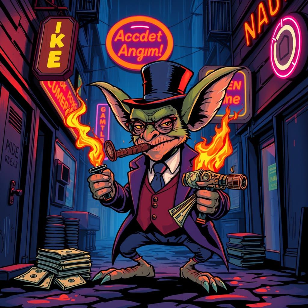 A mischievous gremlin in a tailored suit, complete with a ti...