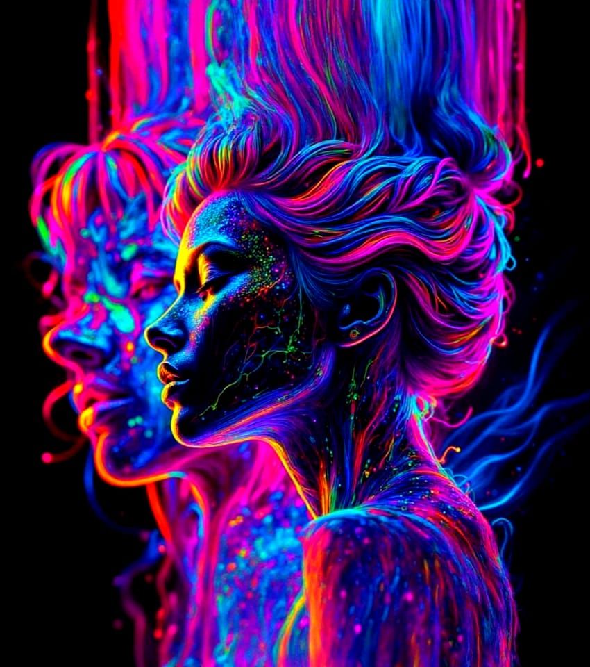 Vibrant Neon Silhouette Art with Metallic Accents