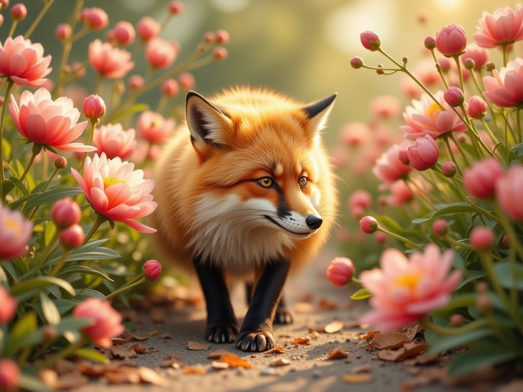 Fox in Peony Garden, Painterly Style