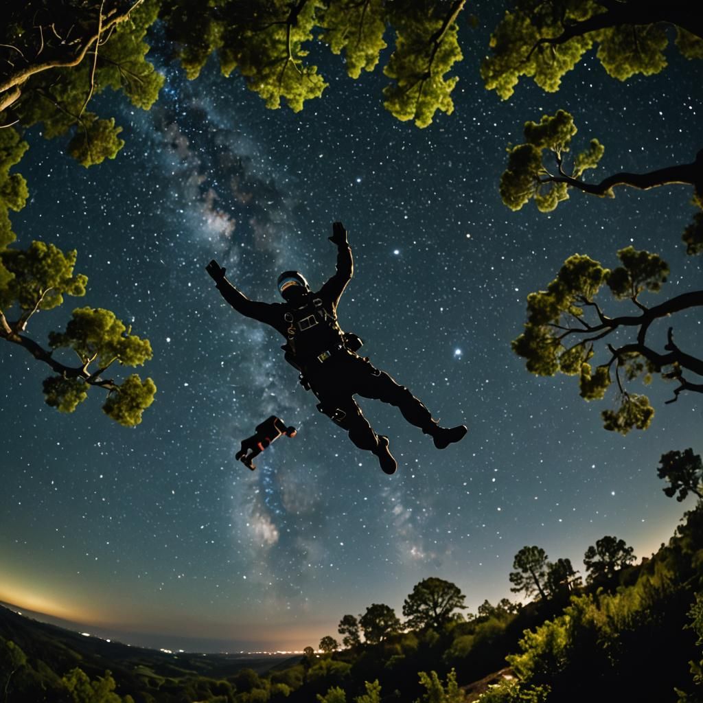Night Skydiving Under Starry Milky Way