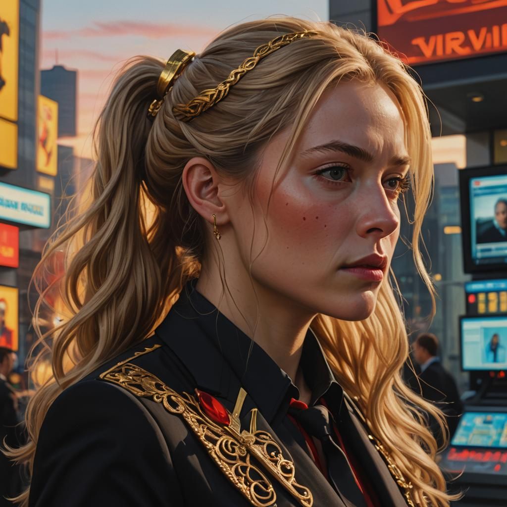 Fantasy Portrait of Woman in Black and Gold Suit