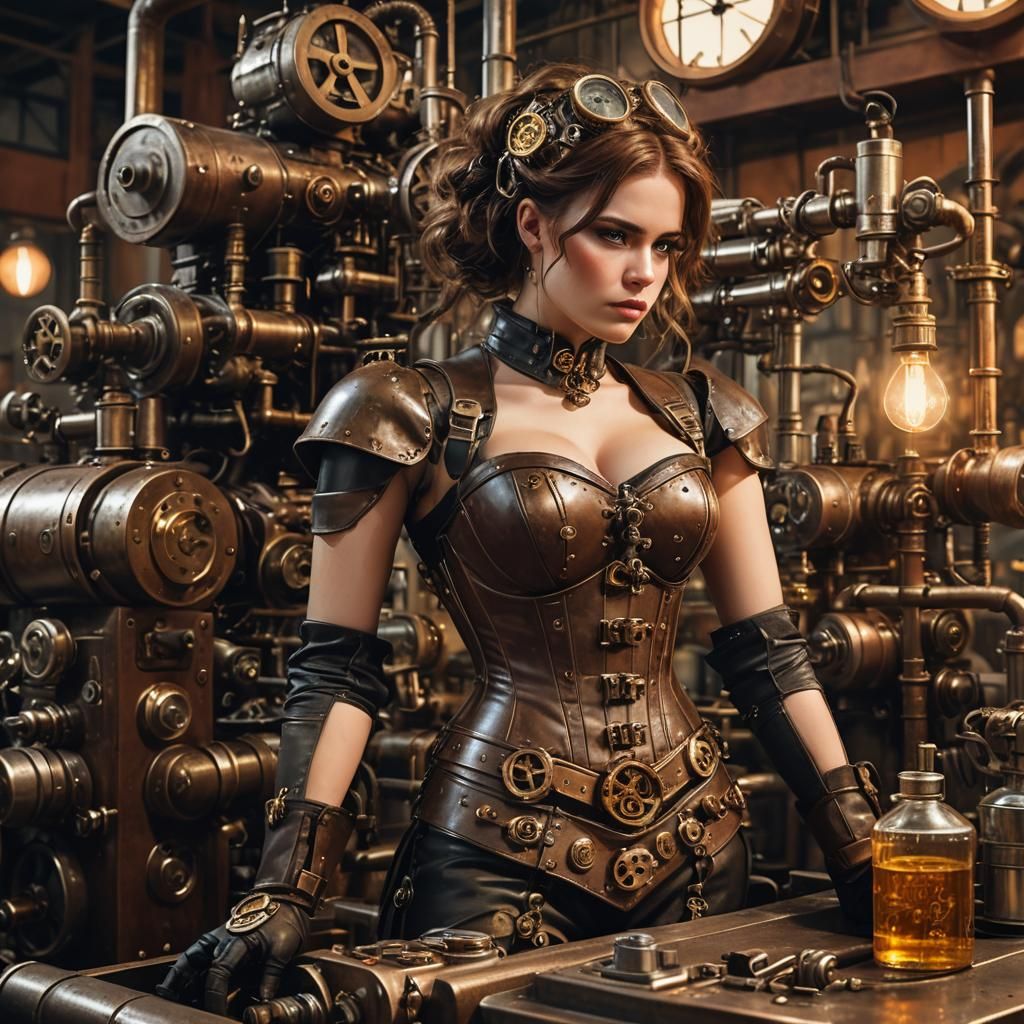 Steampunk Engine Scene with Woman and Robot