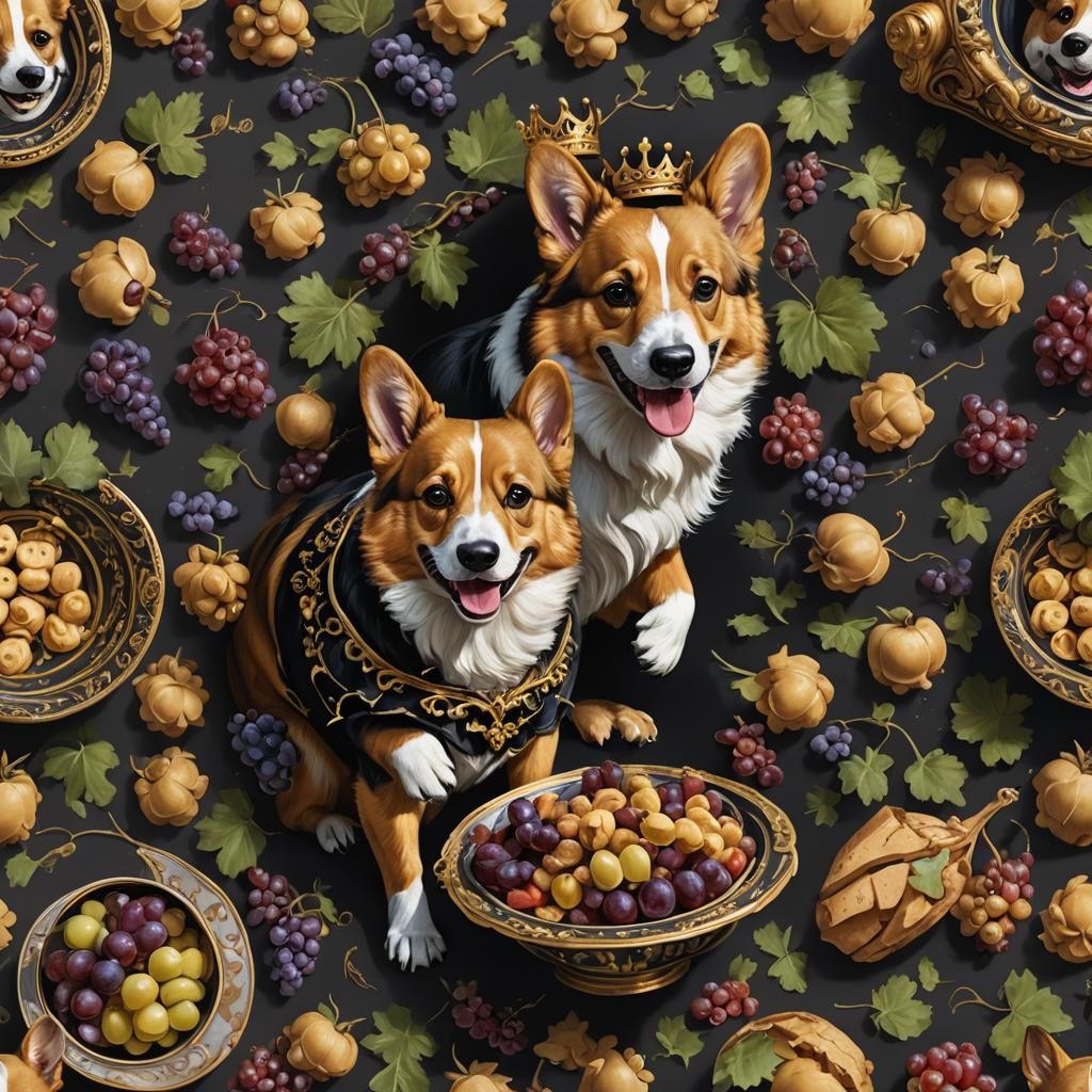 Baroque Corgi as Bacchus with Dog Biscuits