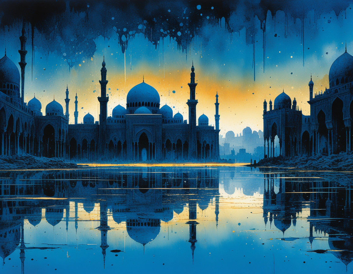 Ethereal Arabian Ruins Reflected in Sunset Lake, Ink Splash ...