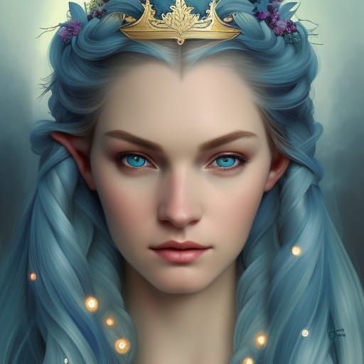 Beautiful Elf Woman Portrait with Aquamarine Crown
