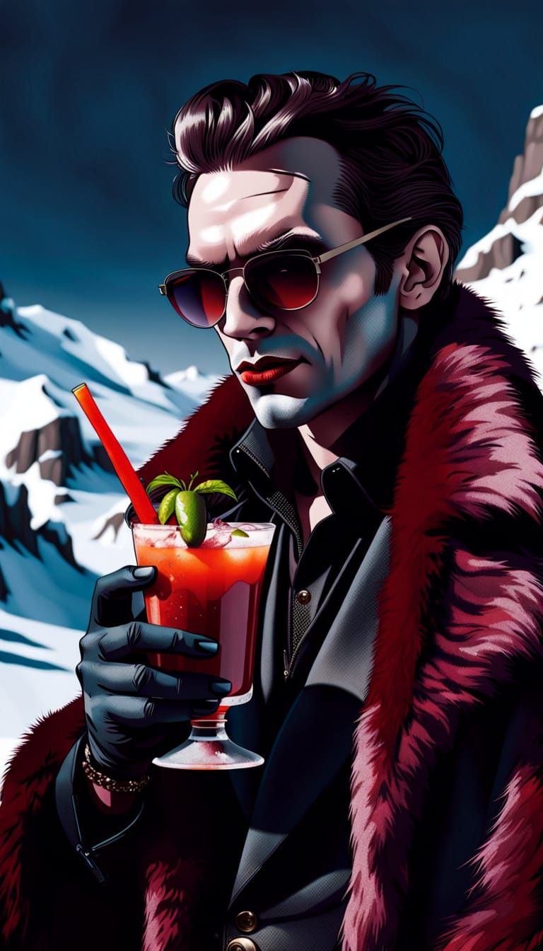 Mysterious Vampire in Snowy Mountain Landscape, Wearing Anim...