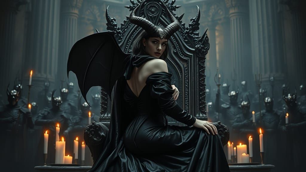 Sultry Demon Queen on Obsidian Throne in Gothic Hall