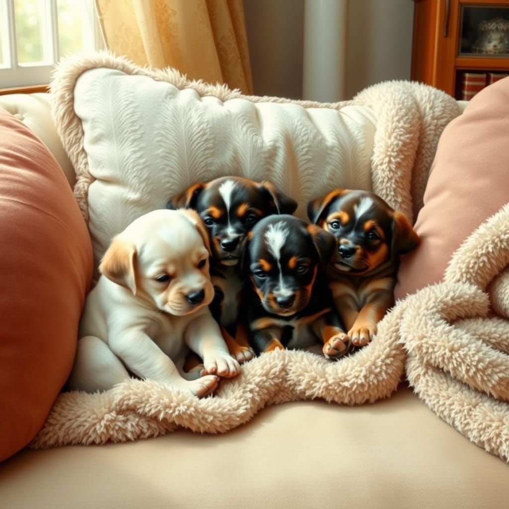 Cuddly Puppies Cozy Up on Plush Couch