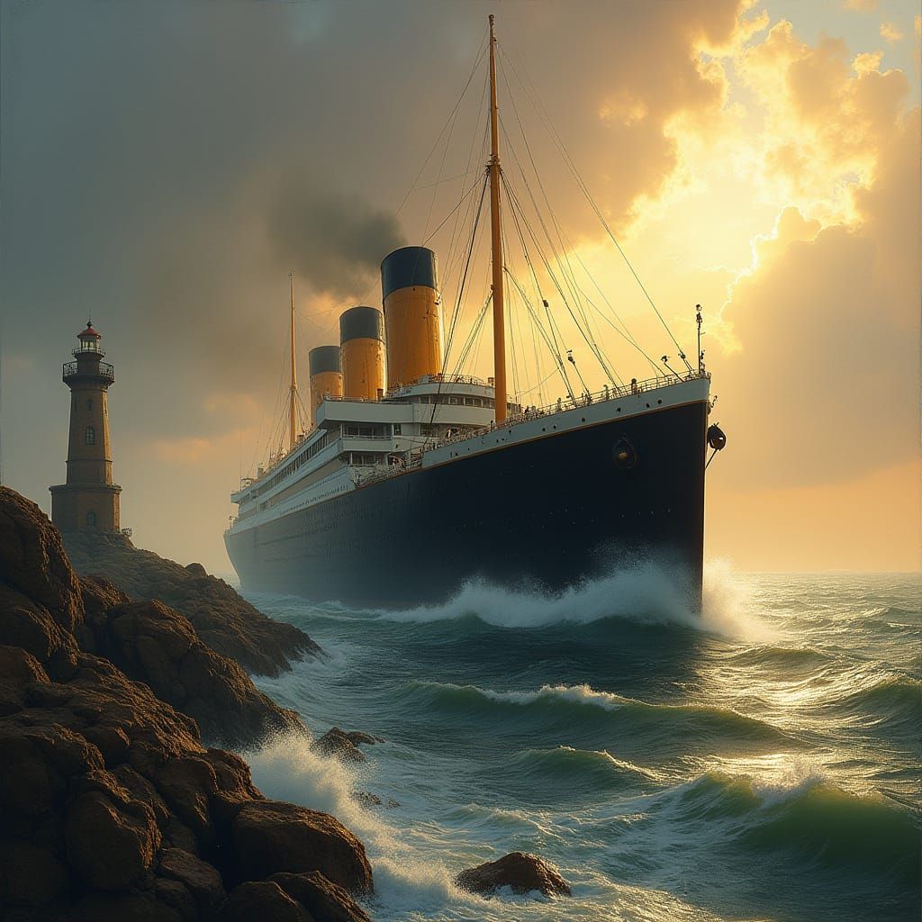 Majestic RMS Titanic Passes a Rustic Lighthouse