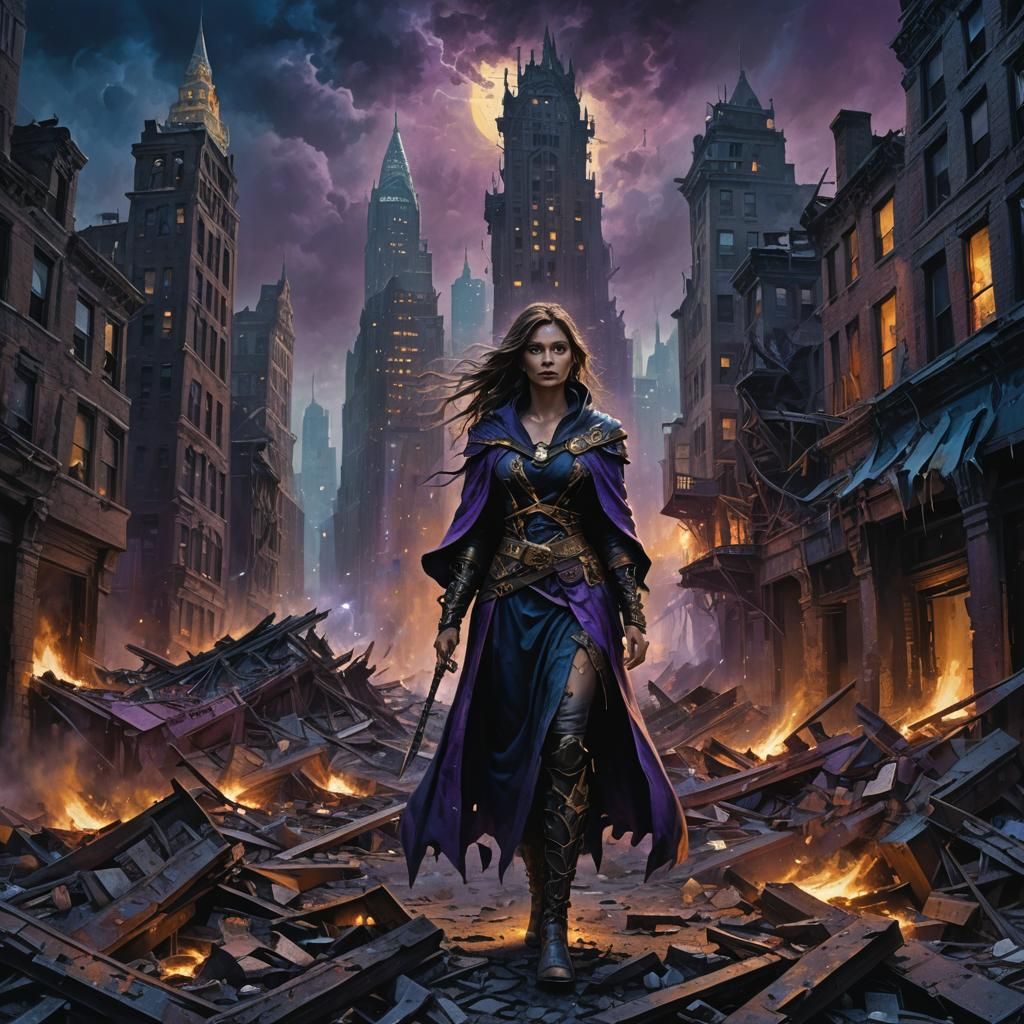 Sorceress in Ruined New York: Vivid Oil Painting