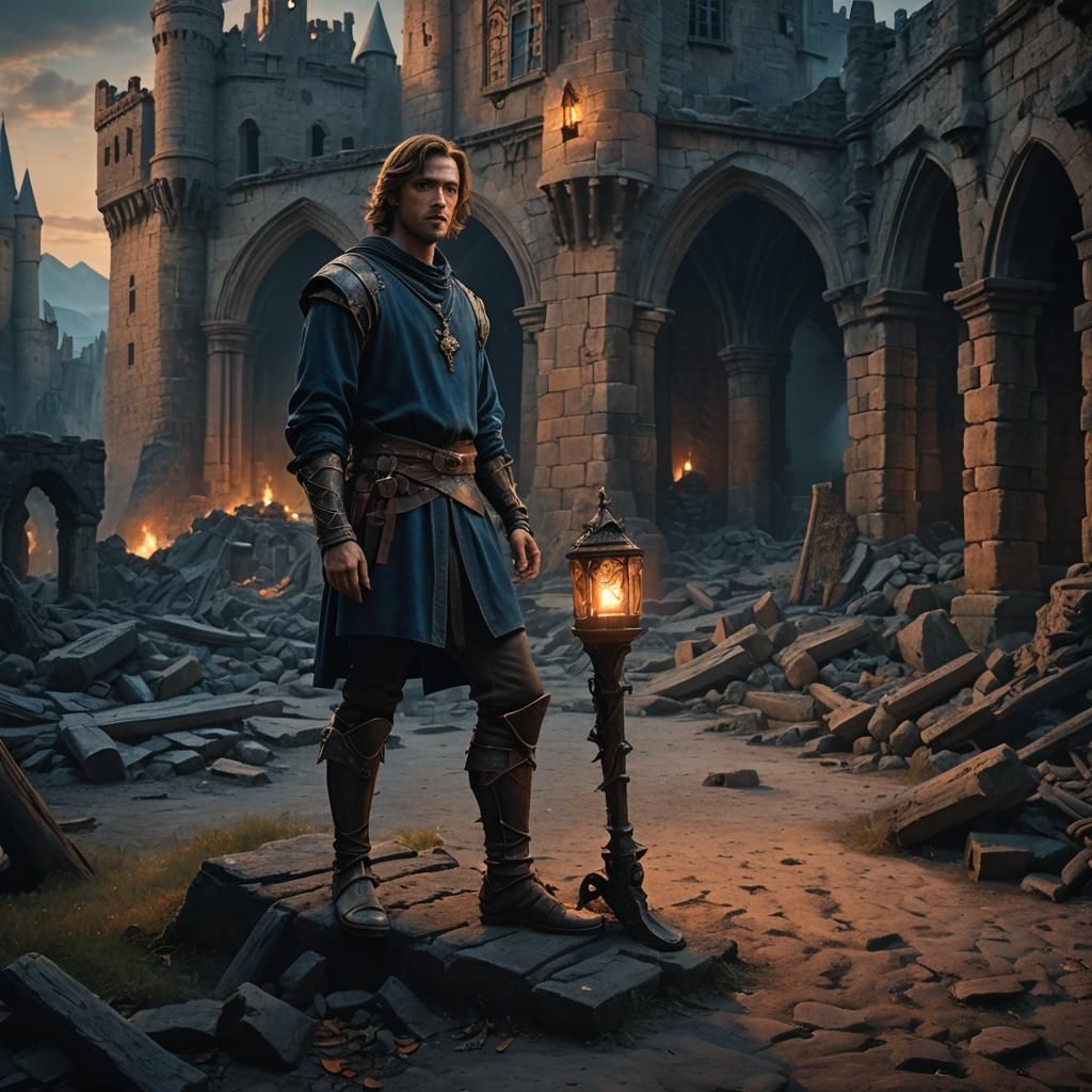 Heroic One-Legged Man in Medieval Ruins, Matte Painting