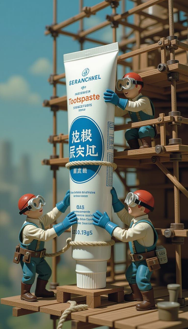 Steampunk People Squeezing Giant Toothpaste Tube