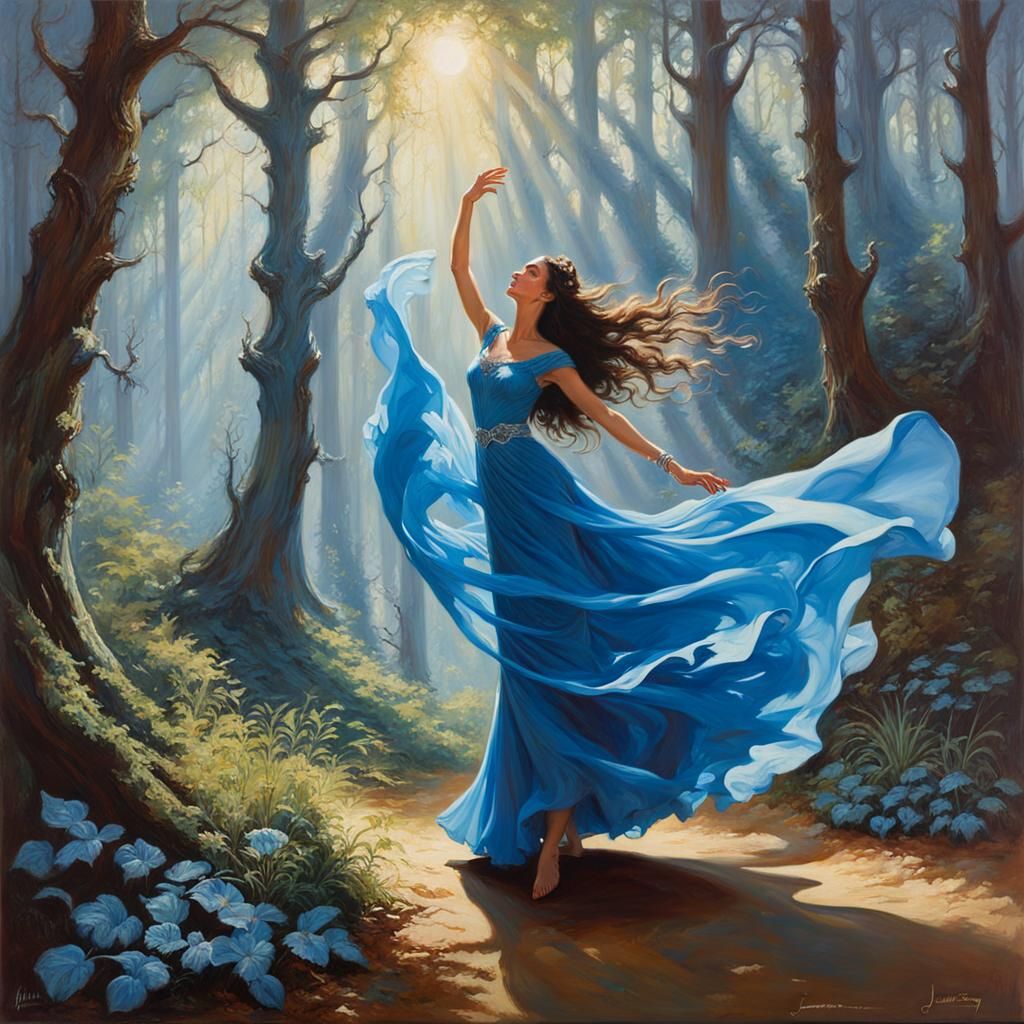 Arwen Dancing in Sunlight: A Romantic Oil Painting