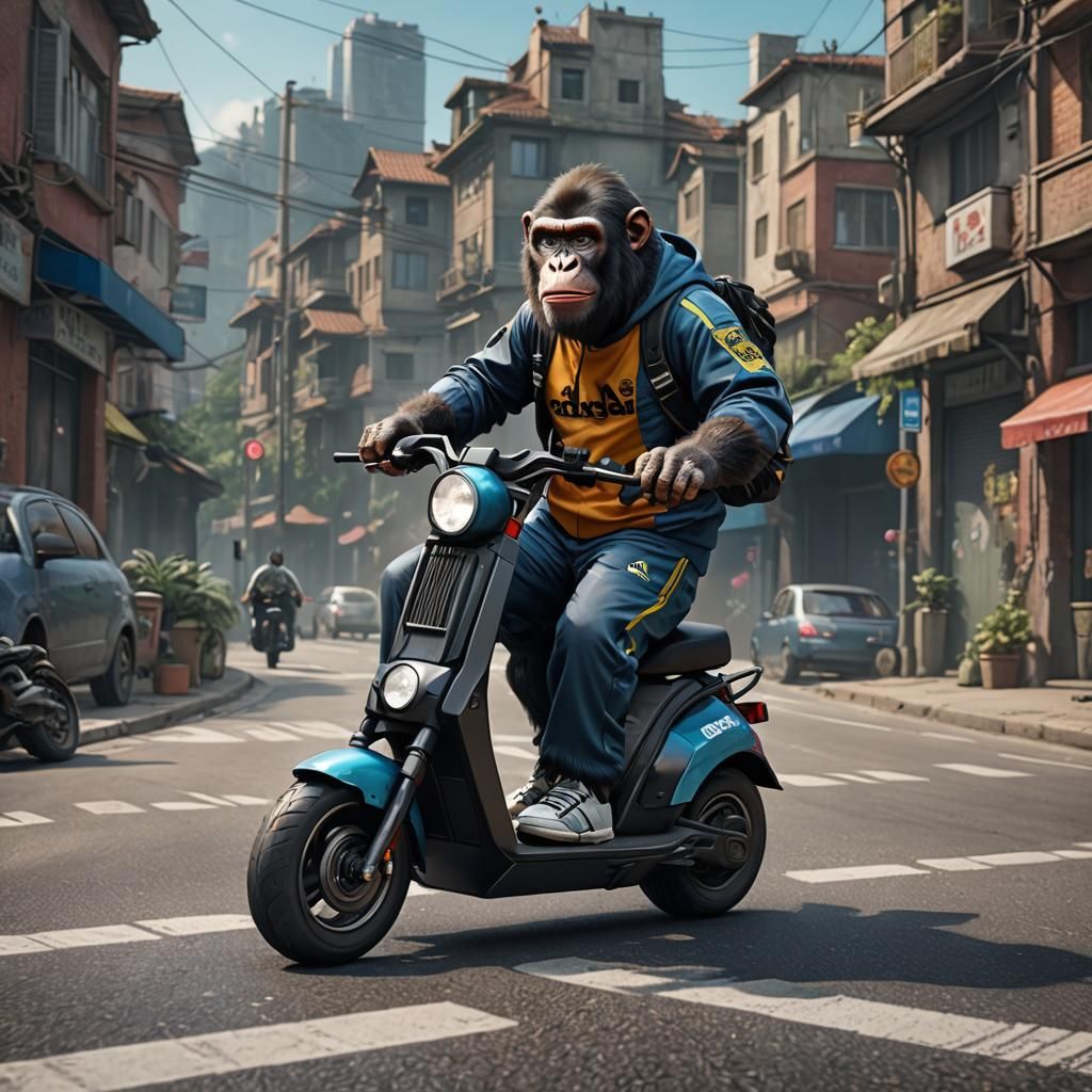 Ape on E-Scooter in Tracksuit: Detailed Digital Art