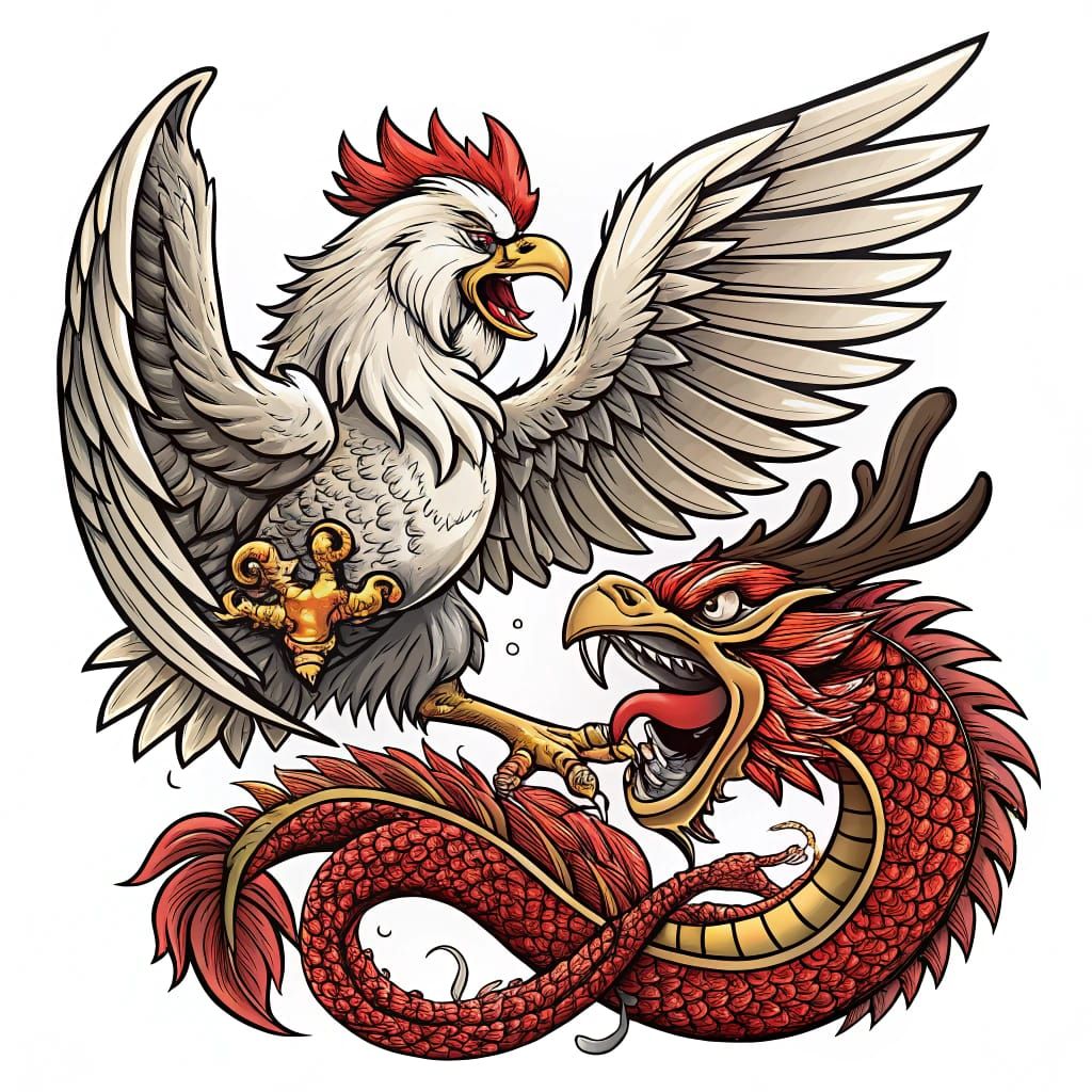 Fierce Avian Warrior Battles Dragon in Vibrant Tattoo Art