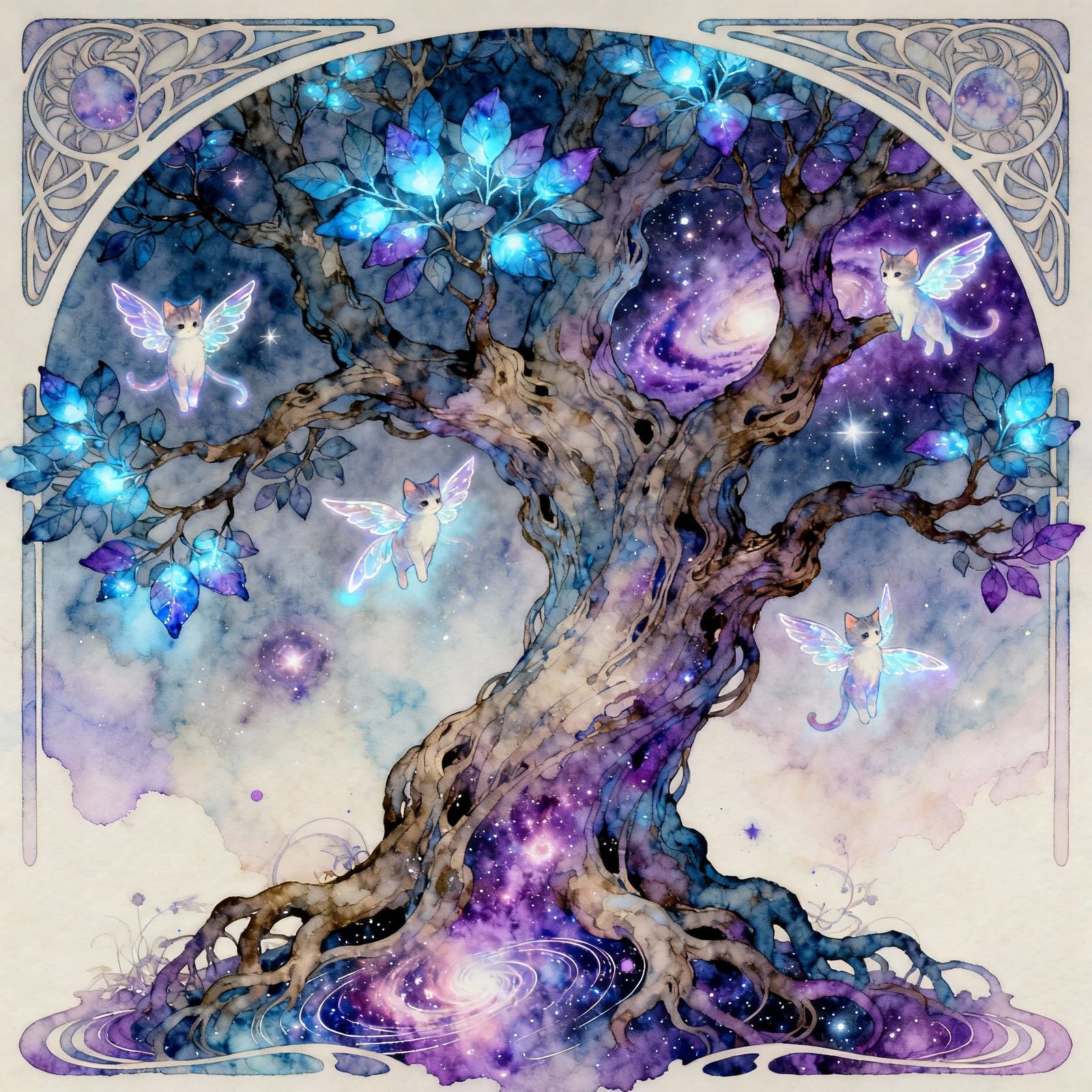Bioluminescent Cosmic Tree with Winged Kittens