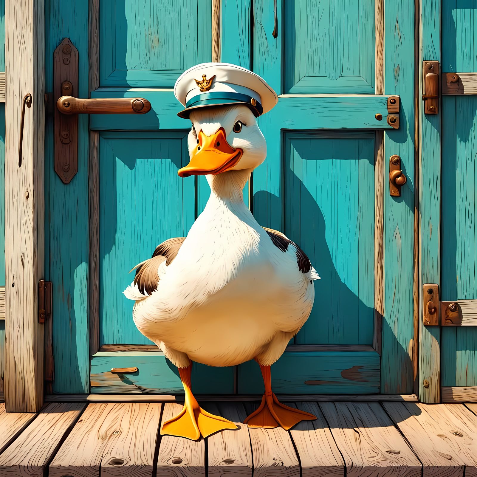 Whimsical Duck Sailor in Quaint Seaside Setting