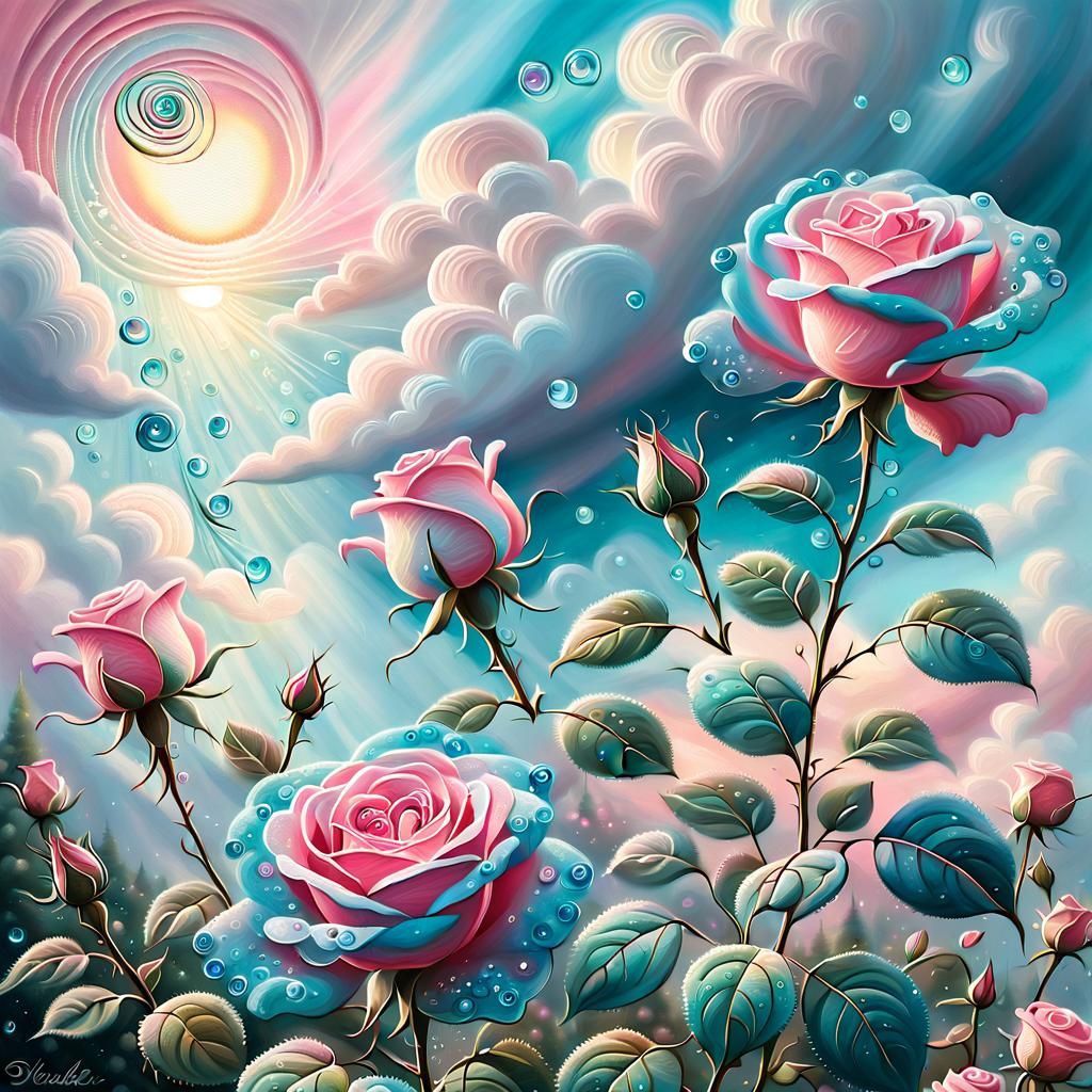 Pink and Turquoise Rose Blooms in the Sky