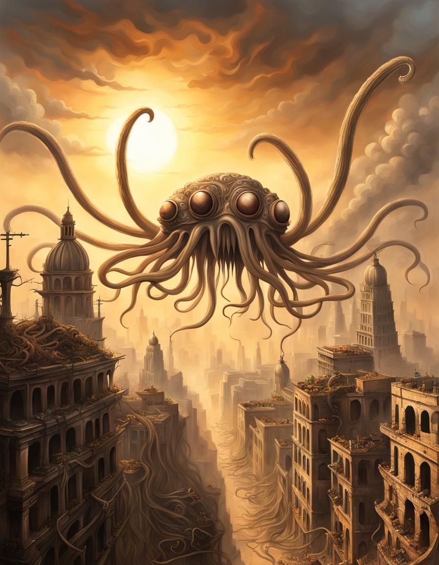 Flying Spaghetti Monster Over Dystopian City