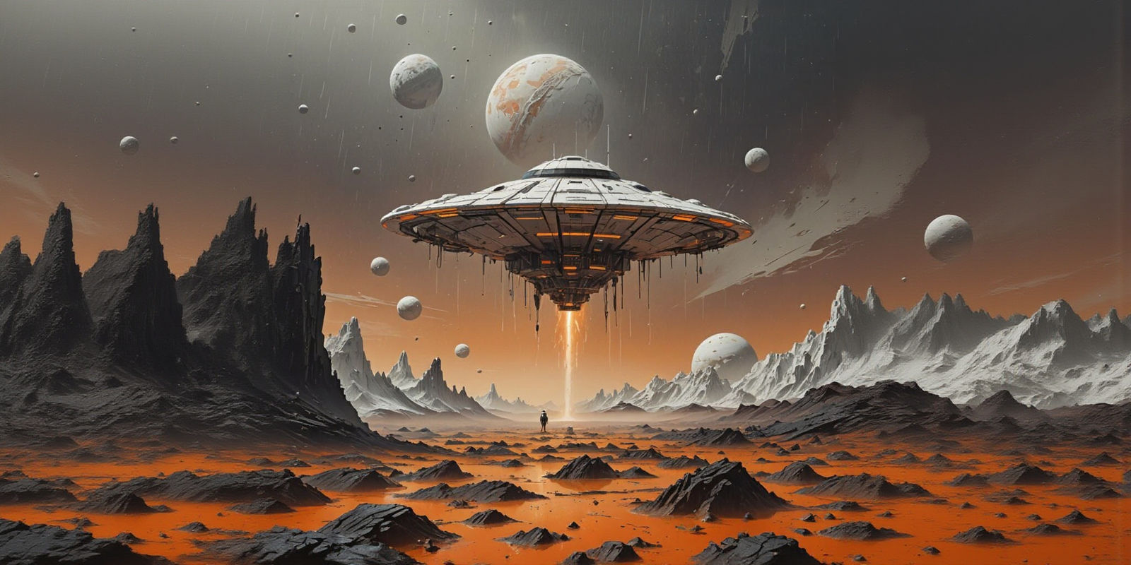 Futuristic Spaceship Over Desolate Alien Planet