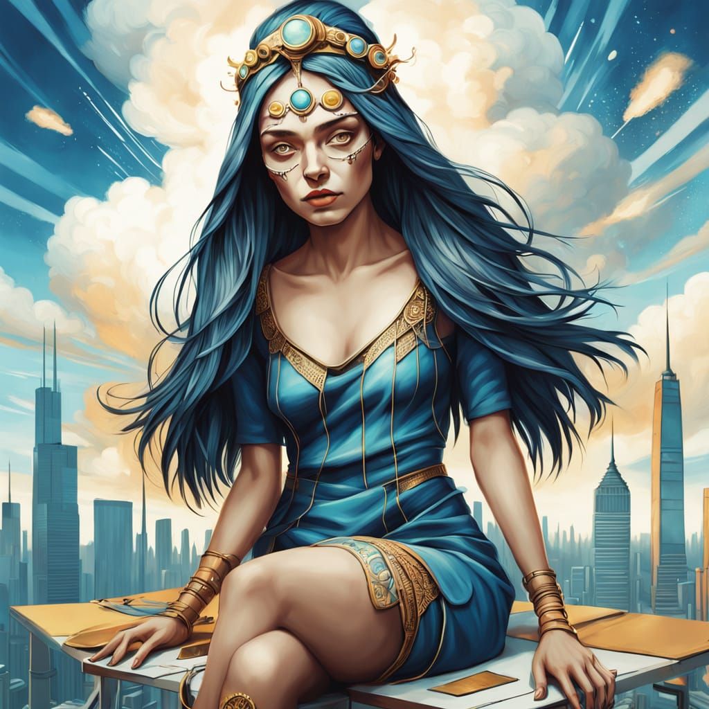 Surreal Goddess in Futuristic Headdress with Soft Cityscape