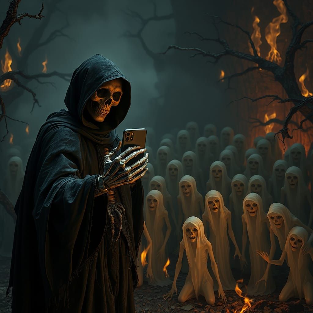 The grim reaper taking a selfie with the souls of the damned